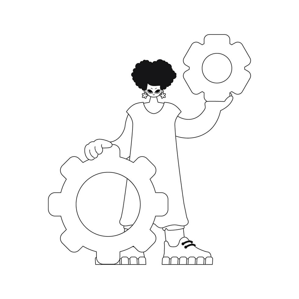 Girl with gears in hands linear vector illustration.