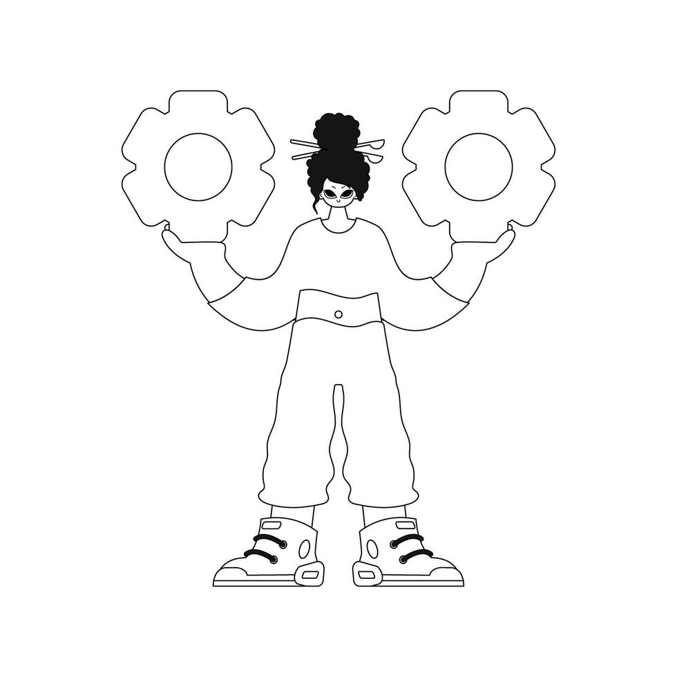 Girl gripping gears. Linear illustration. vector