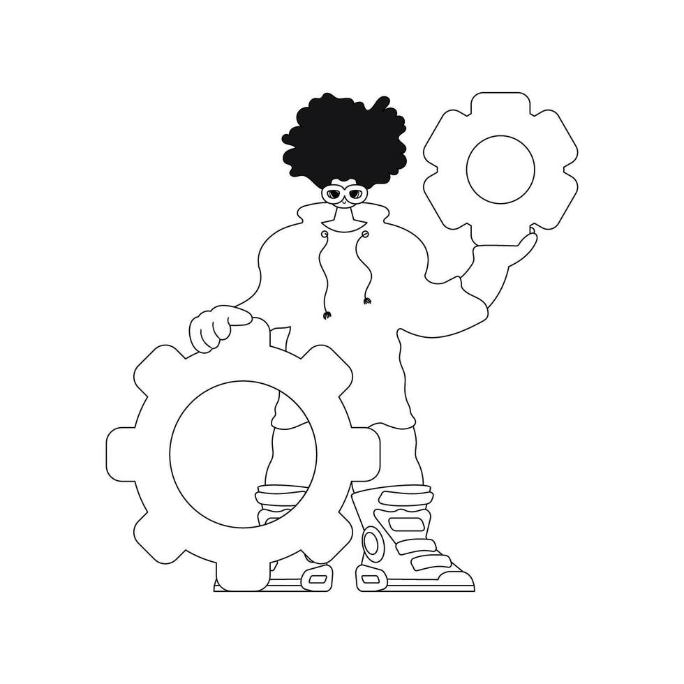The man holds gears in their hands. linear vector illustration.