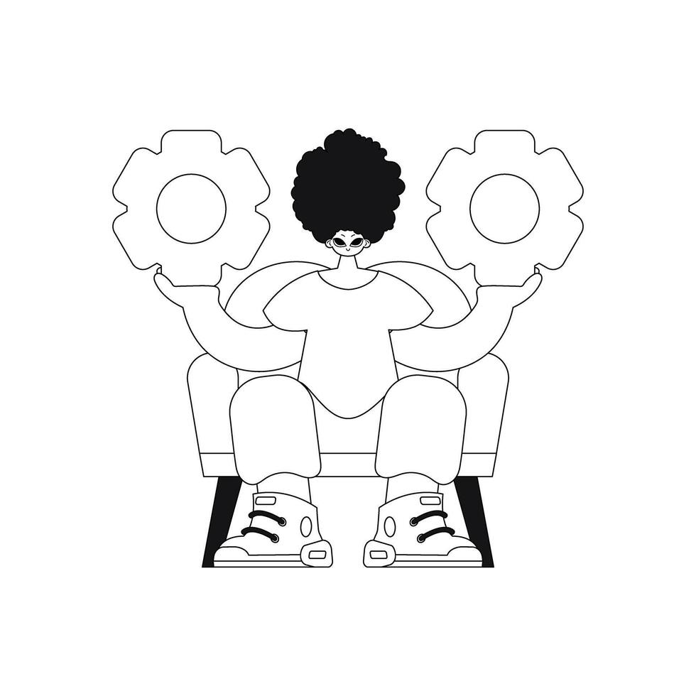 He holds gears in his hands, shown in a linear vector illustration.