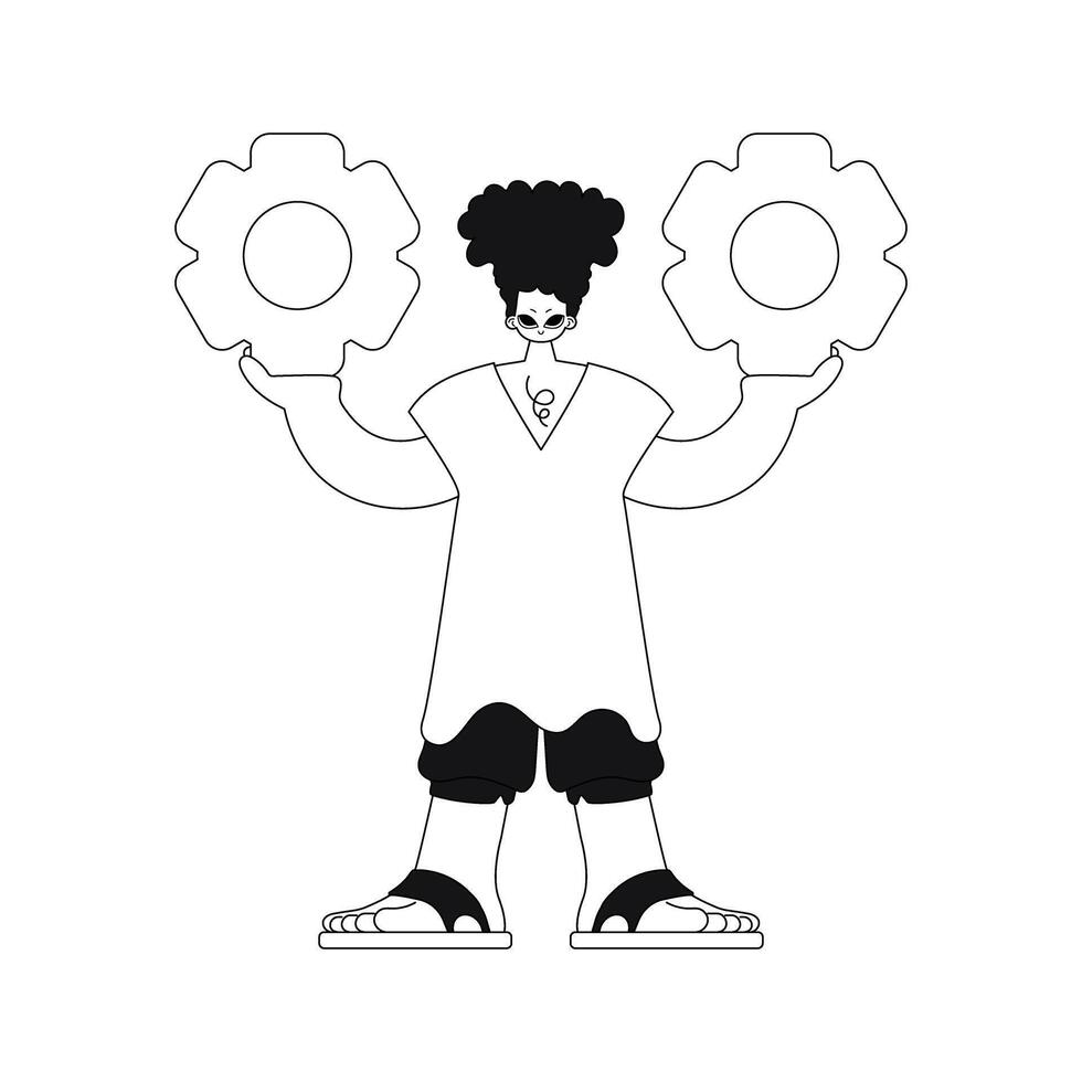 Man gripping gears in hands. Vector illustration in linear style.