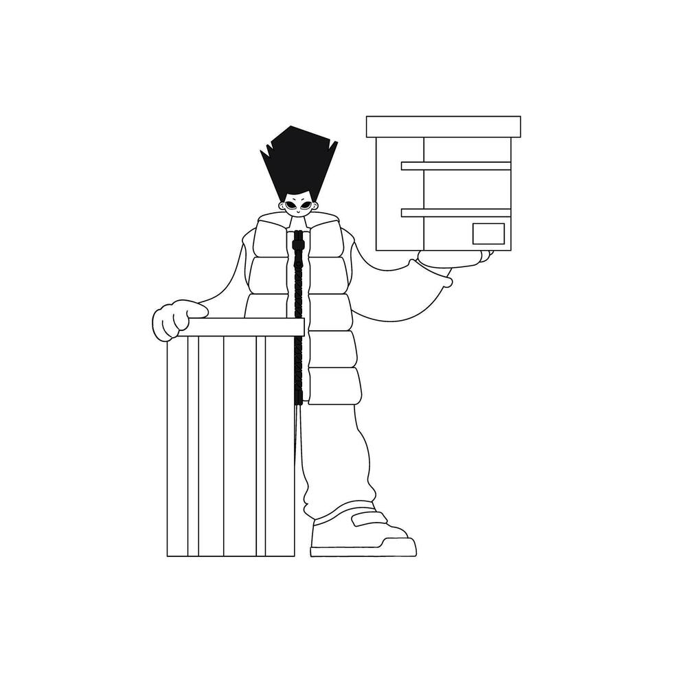 Man holds box, delivering parcel. Linear illustration. vector