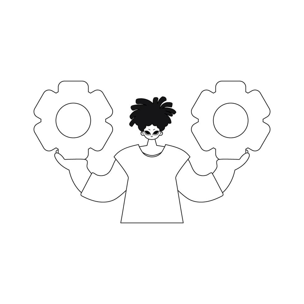 He has gears cupped in both hands, illustrated in vectorstyle linearity. vector