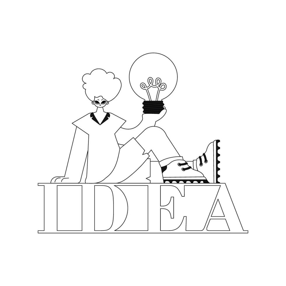 A man holds a lightbulb symbolizing inspiration and creativity. Linear vector illustration.