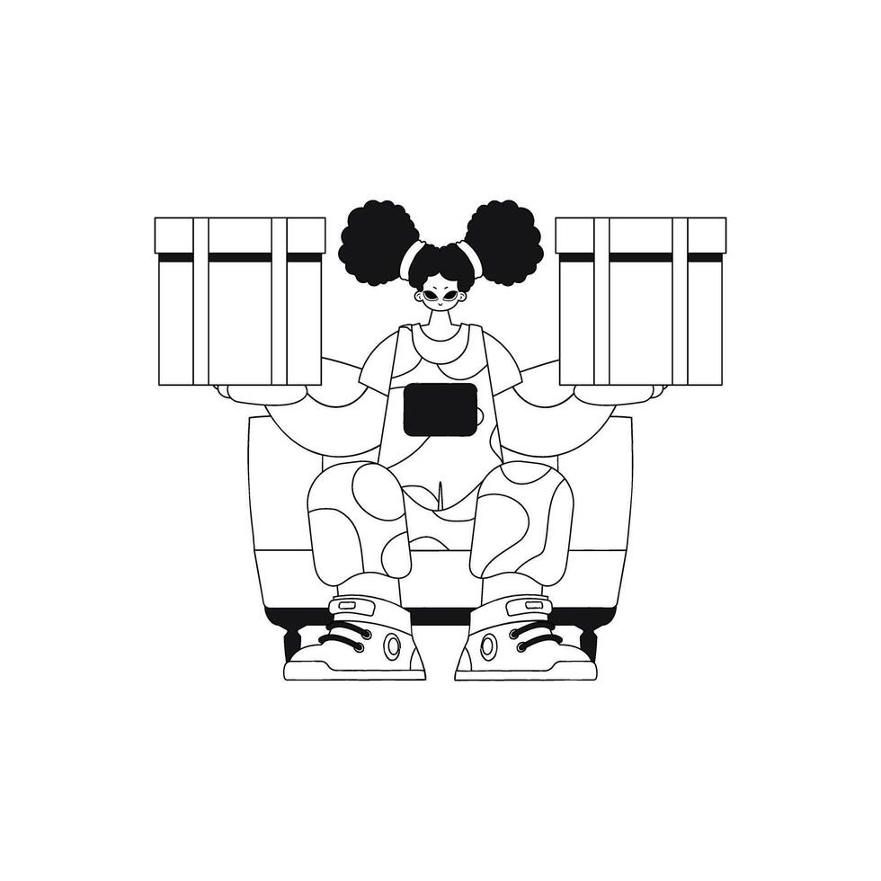 Girl holds a box, hands clasped tight. Linear illustration shows its might. vector