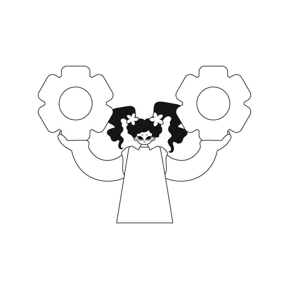 Girl gripping cogs in hands, linear illustration, vector style.