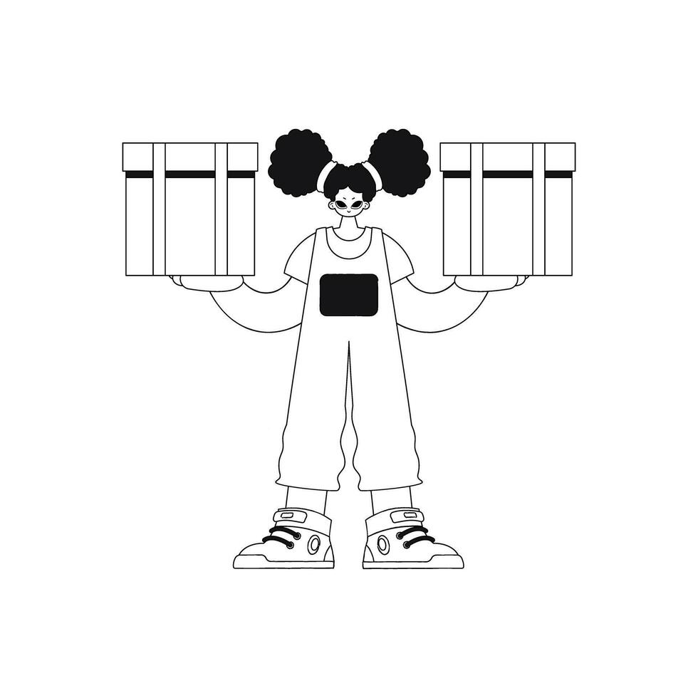 Girl holds box in their hands. Shipping package simple graphic style. illustration. vector
