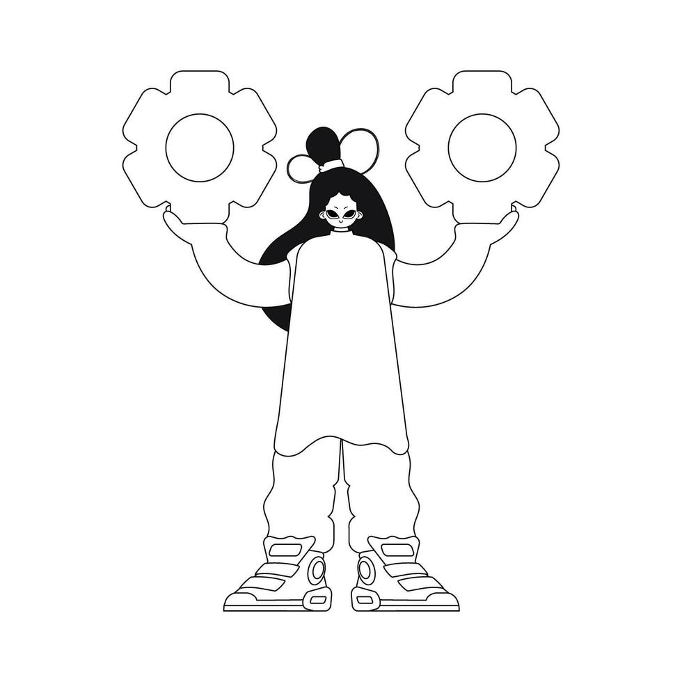 Girl grasps cogs in her palms. Flat design. Vector pic.