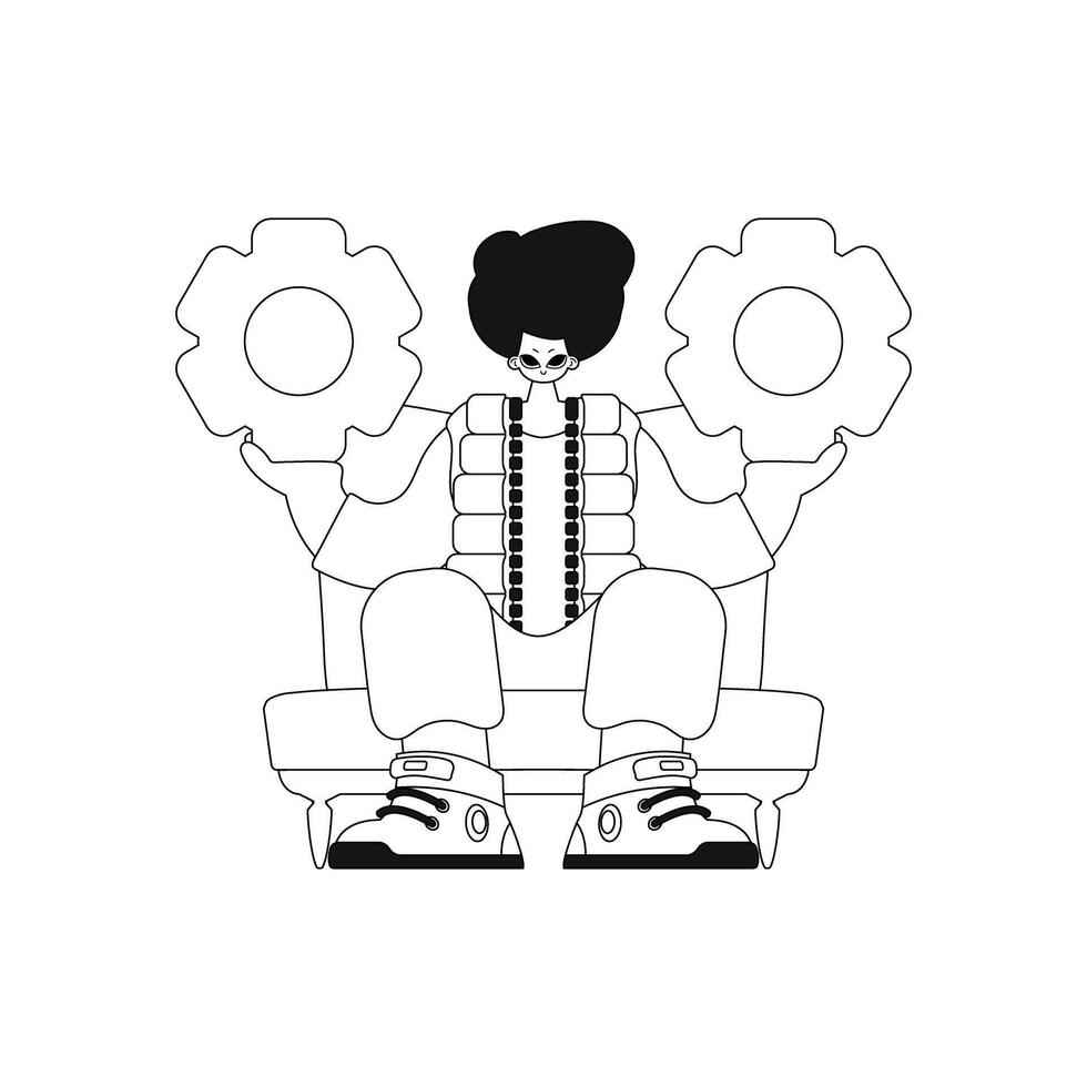 Man holds gears in hands. Linear style vector illustration.