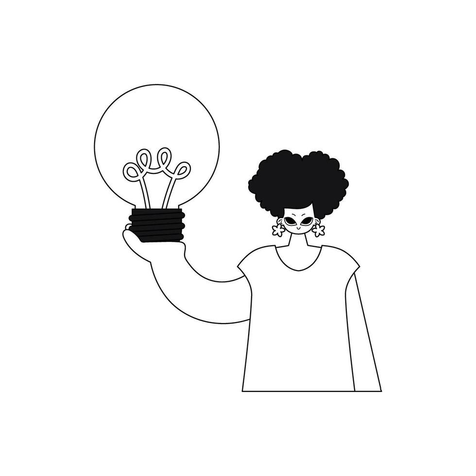 Girl grasps a lightbulb, symbolizing ideas. Linear style, vector illustration.