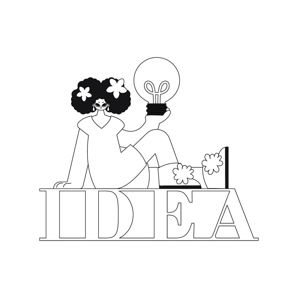 The girl holds an idea symbolized by a light bulb. Linear illustration showcases the concept. vector