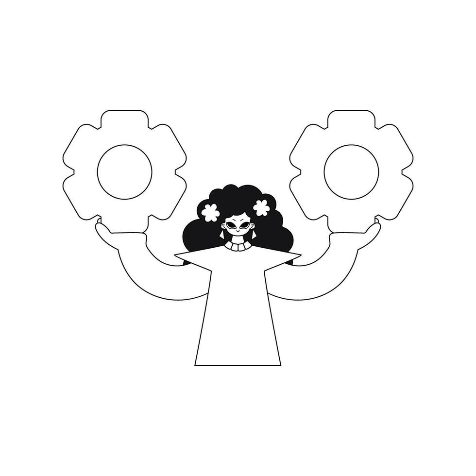 Girl holds gears in hands, linear style illustrated with a vector. vector