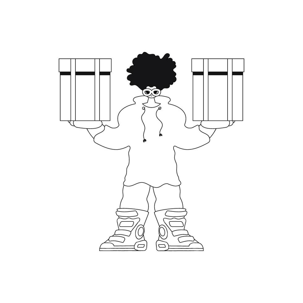 He holds a package. Delivery by a line. pic. vector
