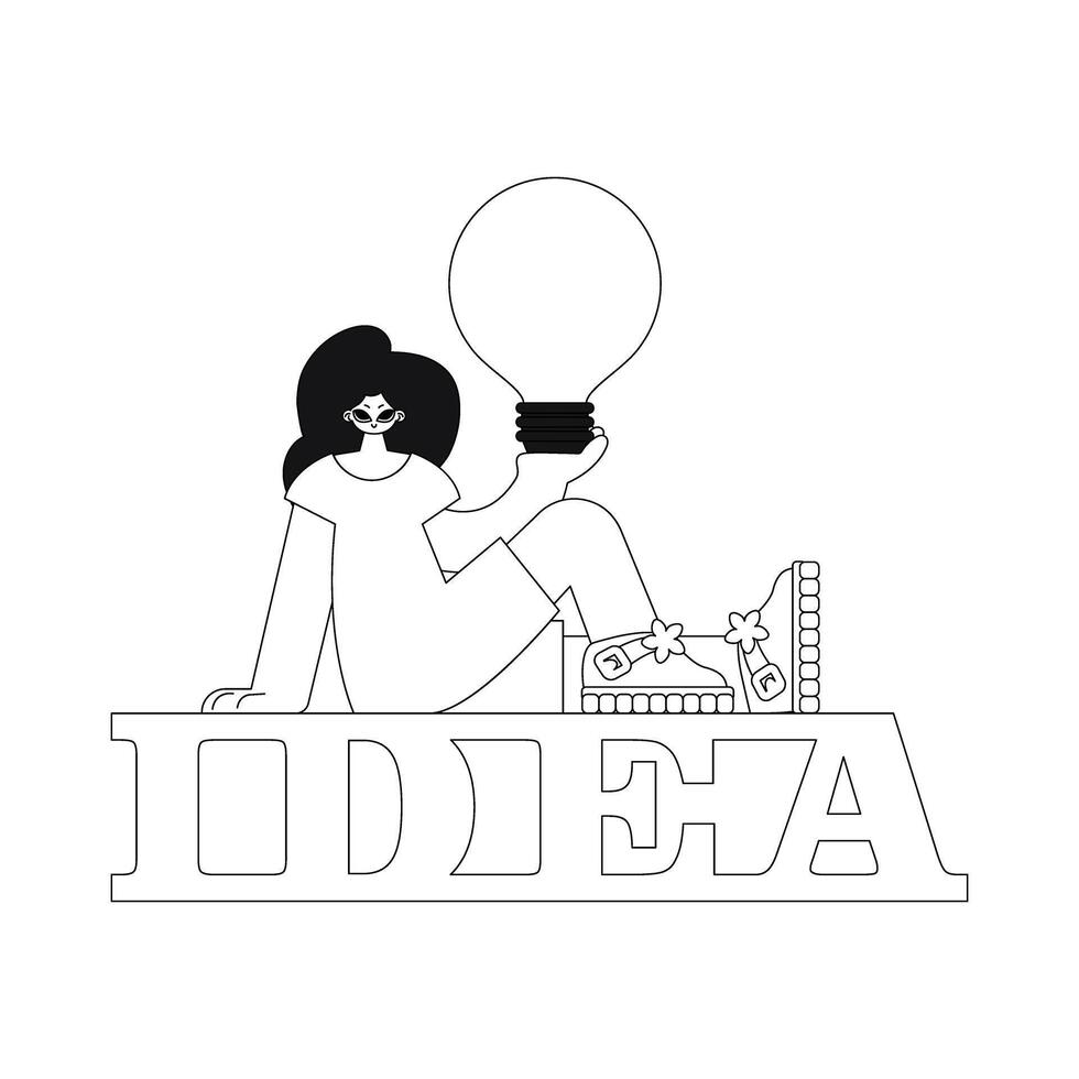 Girl holds light bulb, symbolising concepts and ideas. Linear vector illustration.