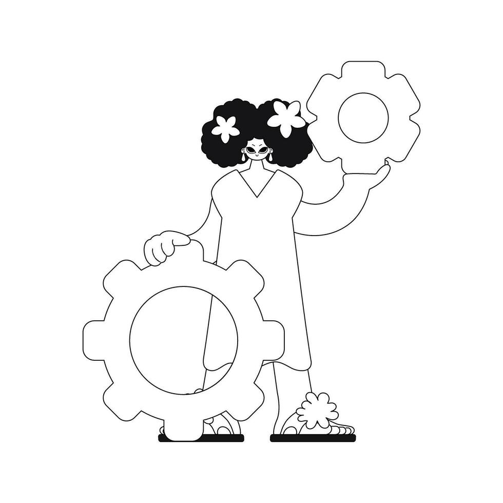 Girl holds gears in her hands. linear illustration in vector format.