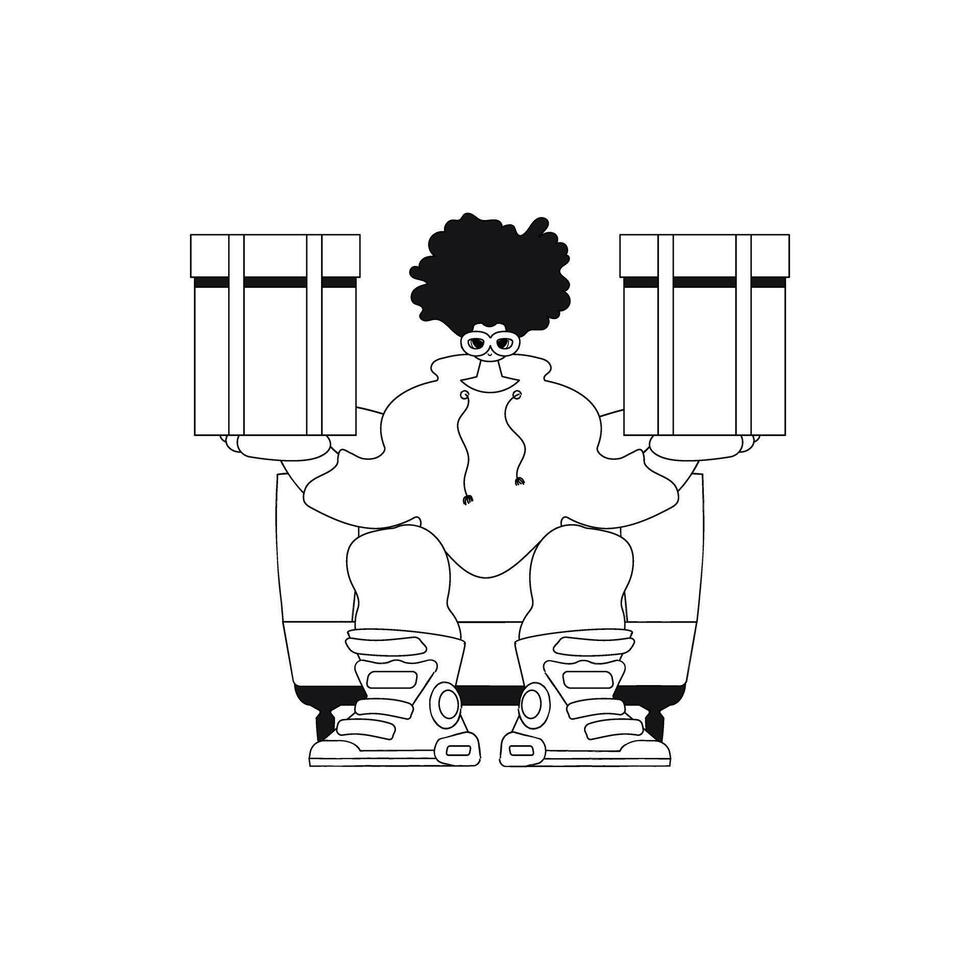 Man holds parcel in hands. Delivery depicted linearly in vector illustration.