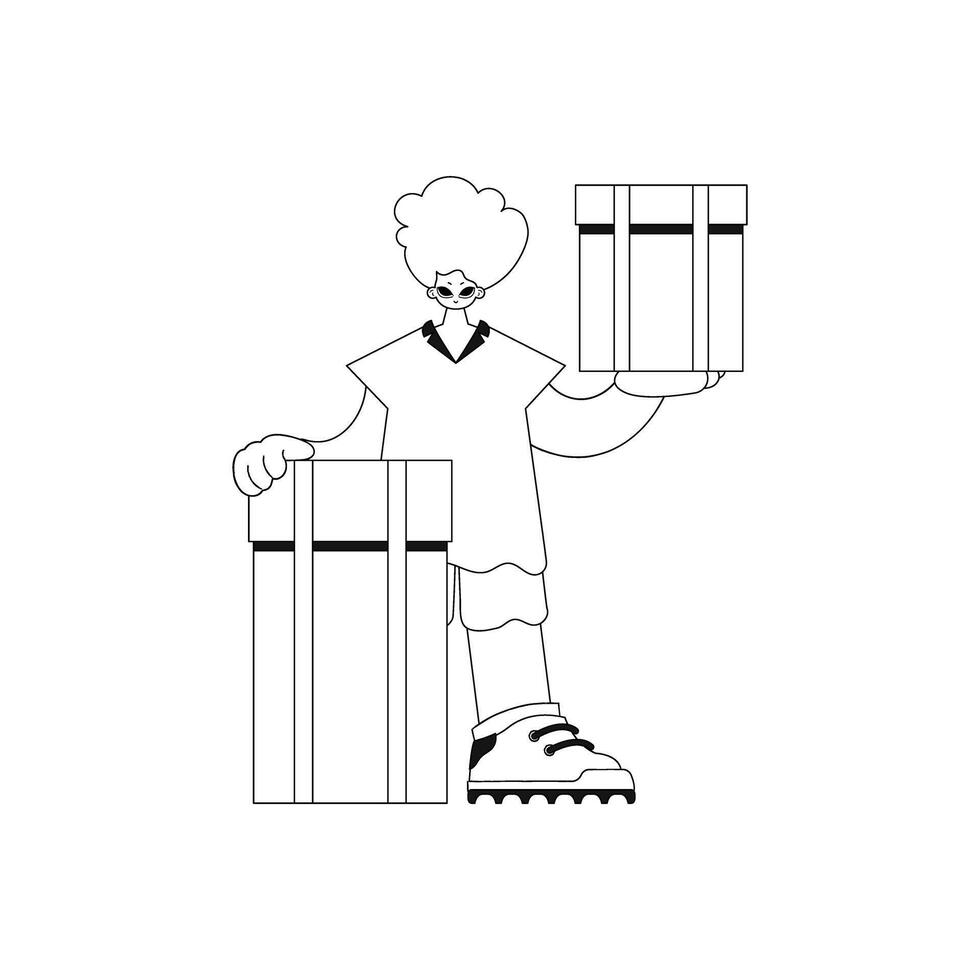 Guy holds box. parcel delivery in linear style, vector illustration.
