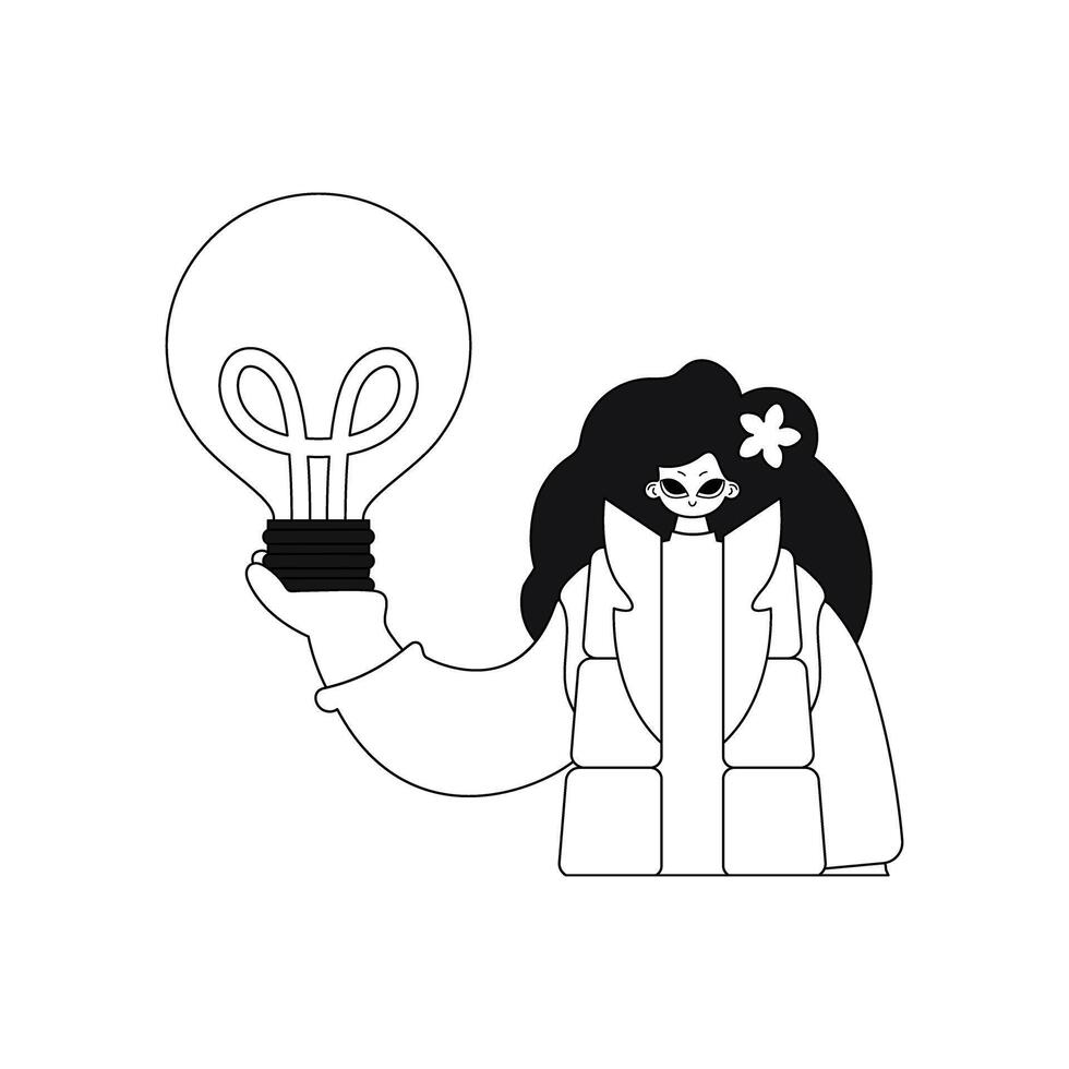 Girl holds light bulb. symbolizing idea, in linear vector illustration.