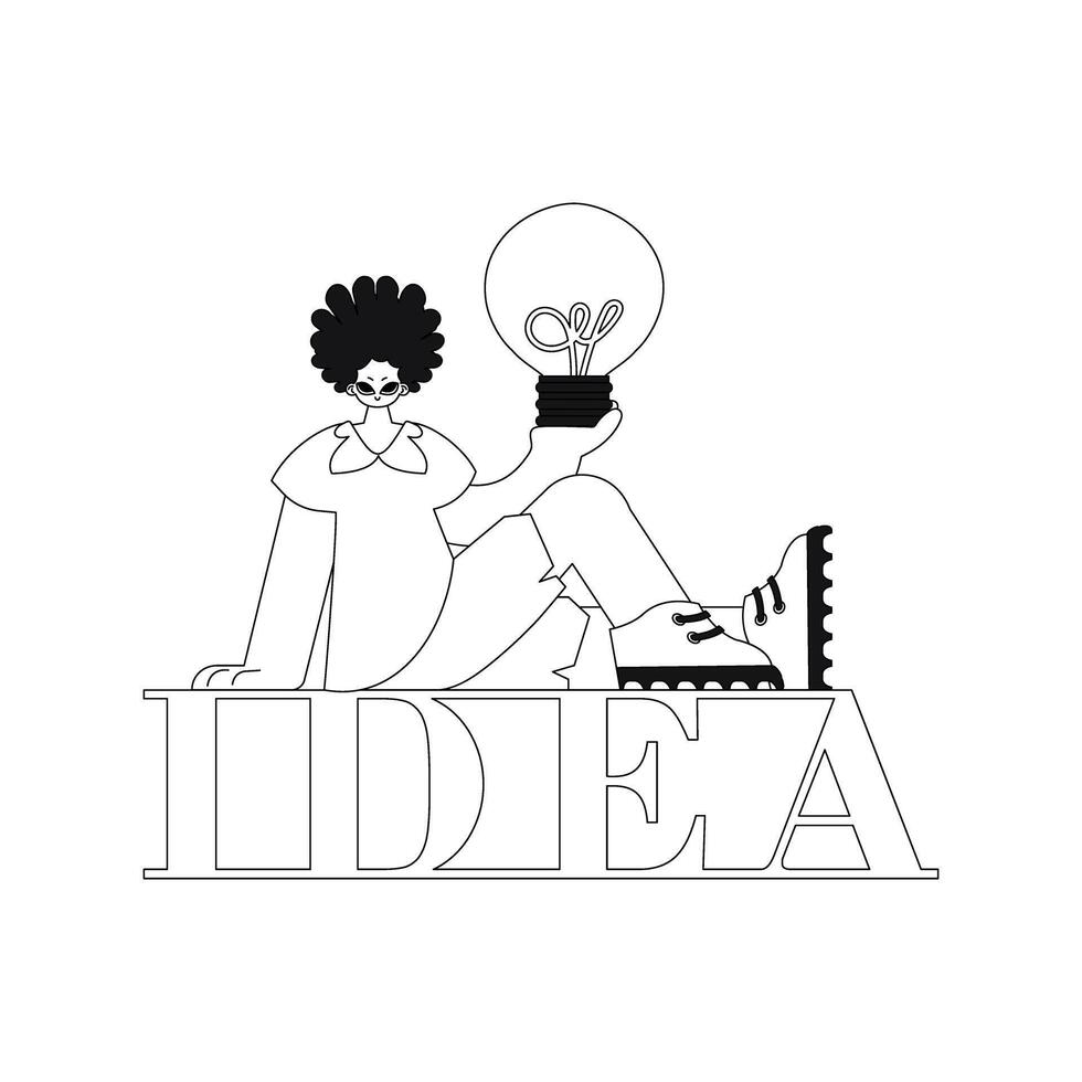 She holds a light bulb, symbolizing new ideas a linear style vector illustration.