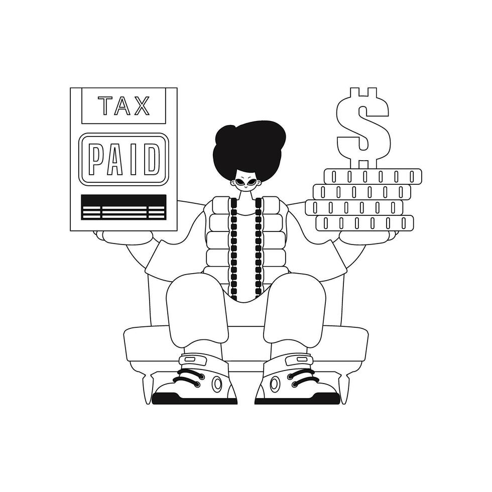 Guy holding a tax return and stack of coins. Linear vector illustration.