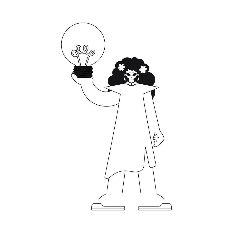 Girl holds light bulb, depicting ideas. linear vector illustration.
