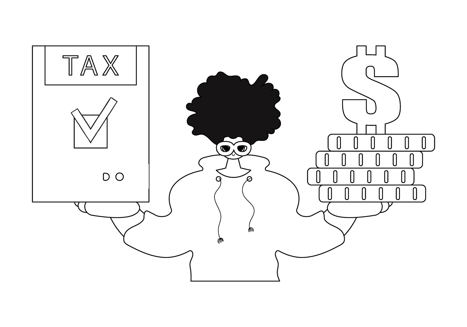 He holds a tax return and a pile of coins, drawn in a lineart style.  28662798 Vector Art at Vecteezy