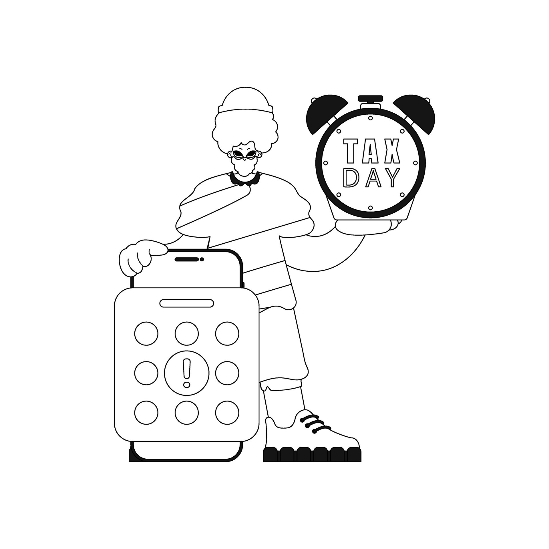 Guy Calendar And Alarm Clock Taxes Due Linear Vector Illustration guy-calendar-and-alarm-clock-taxes-due-linear-vector-illustration
