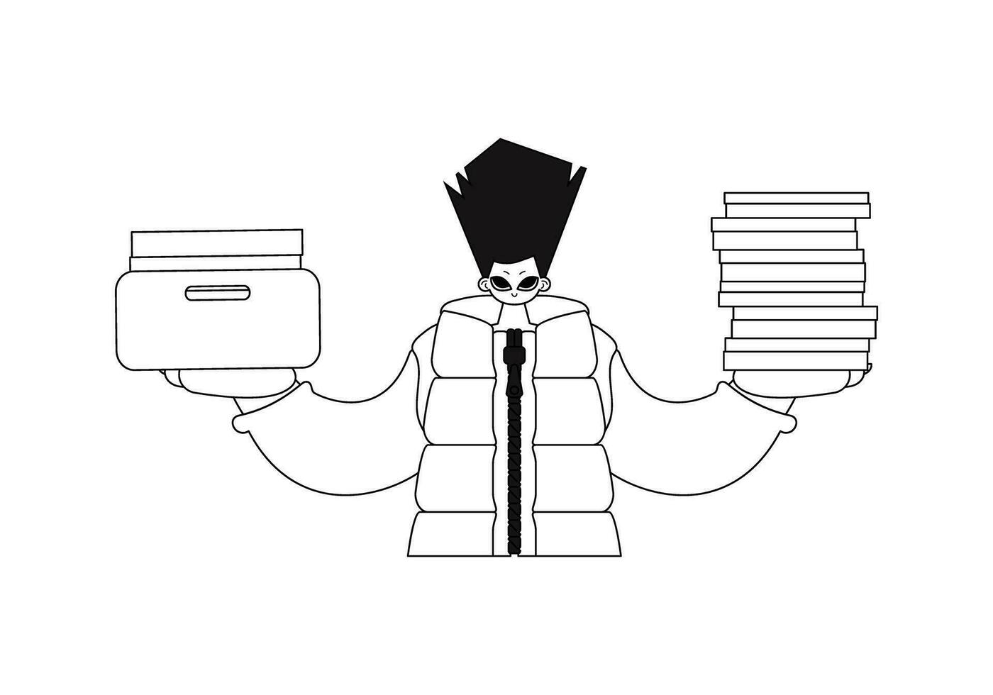 Man holds stacks of papers. Linear design. Vector art.