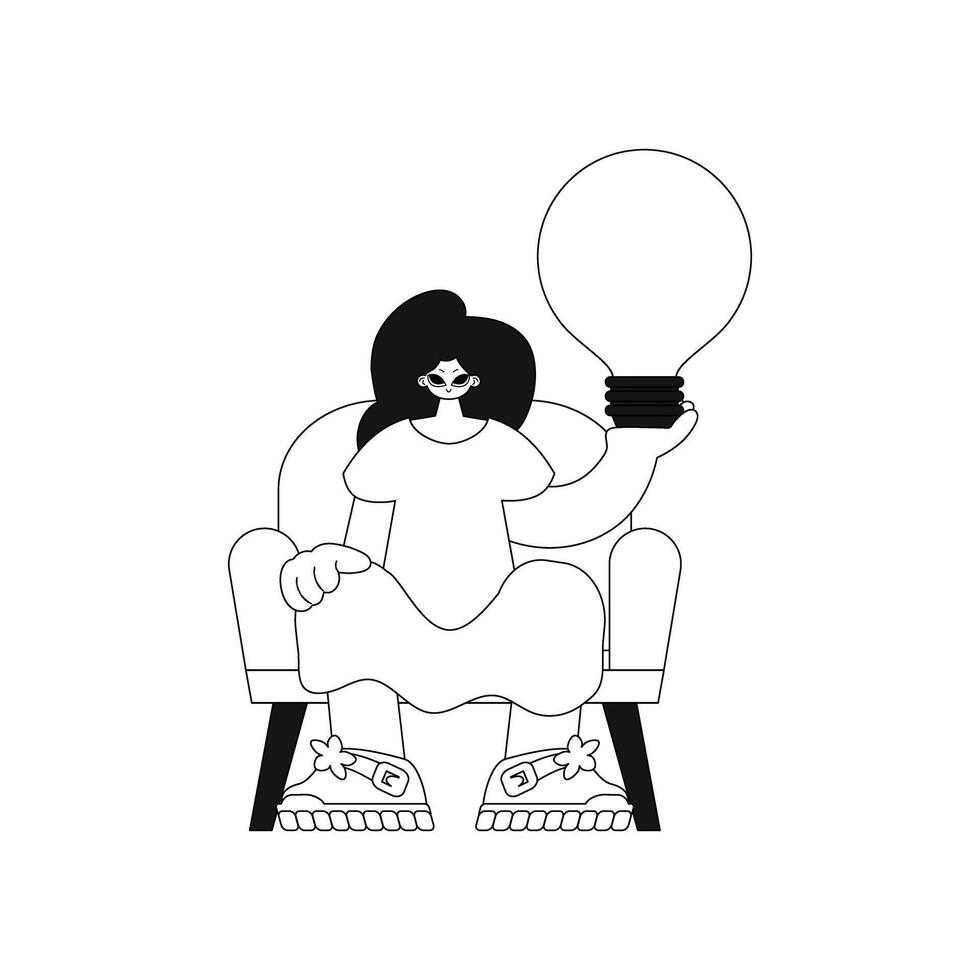 Girl holds lightbulb, symbolizing ideas. Linear vector illustration.