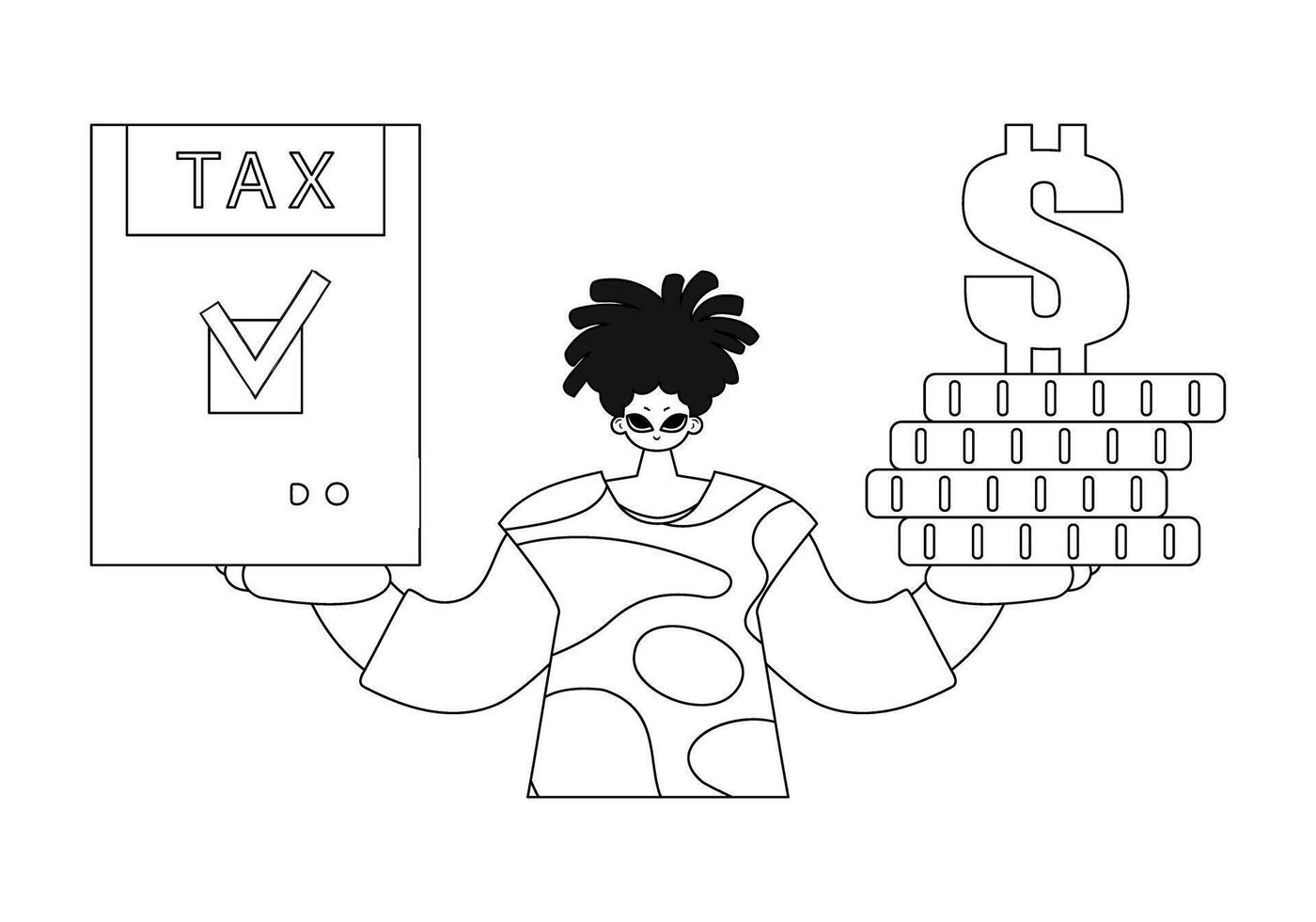 Guy holds tax return and stack of coins in hands. Vectored illustration. Linear style. vector