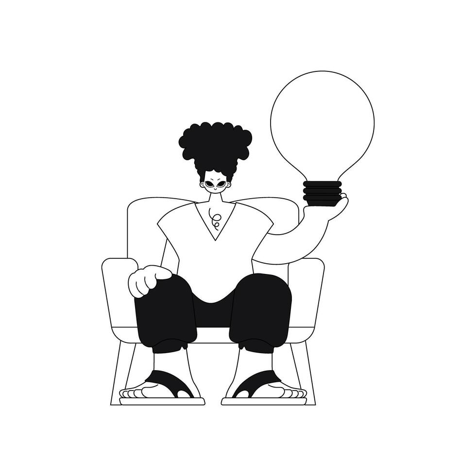 Man holds light bulb. Ideas concept. Linear style illustration. vector