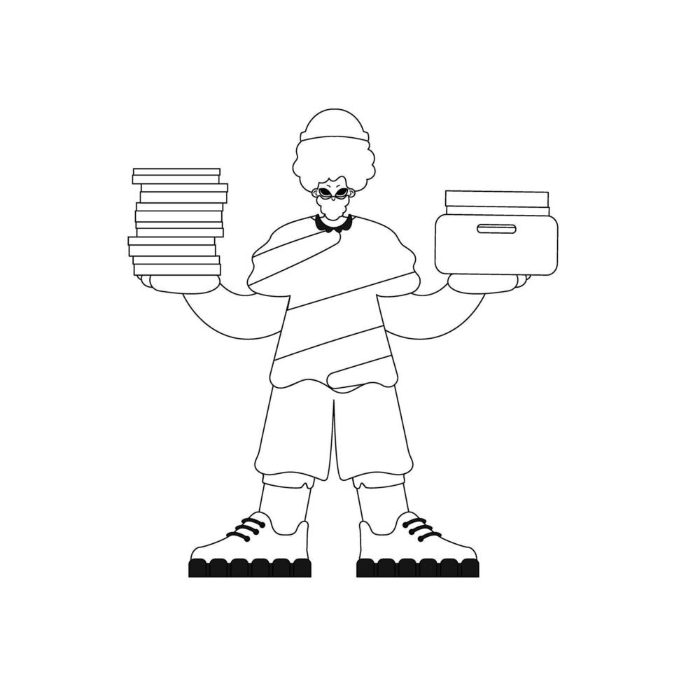 Guy piles docs in linear style illustration. vector