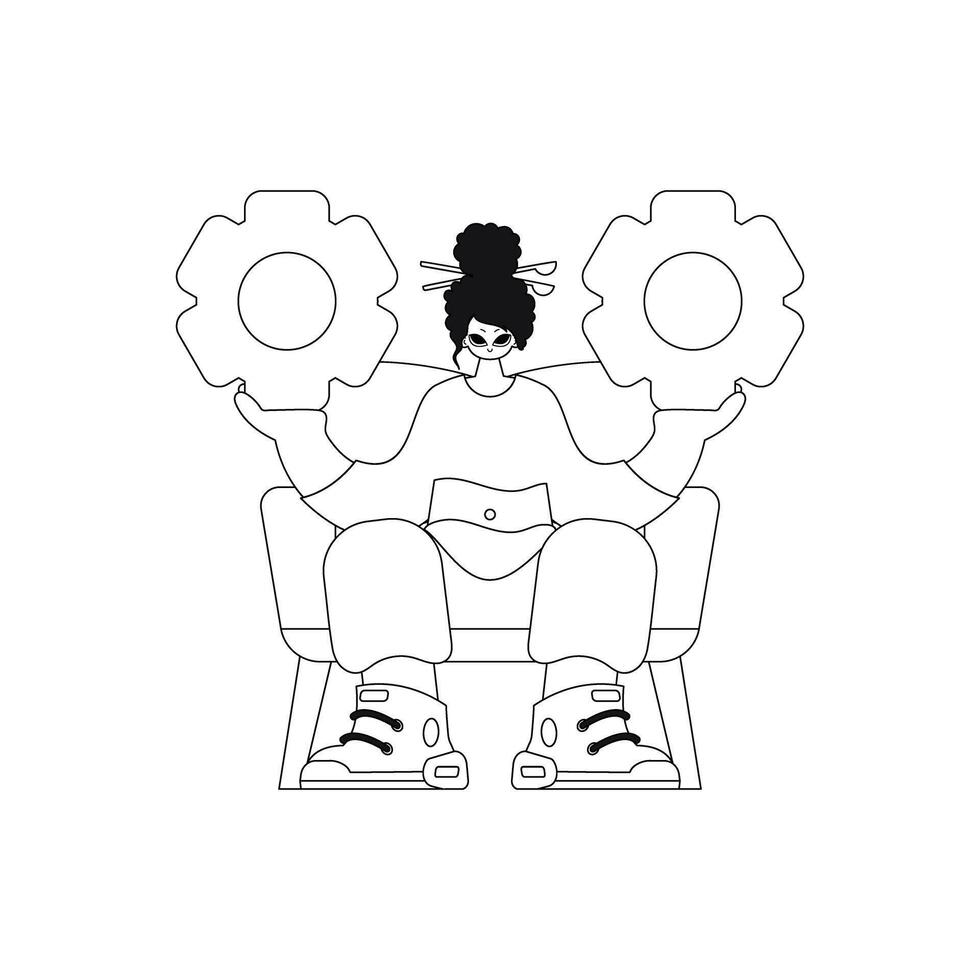 Girl holds gears in her hands linear illustration in vector style.