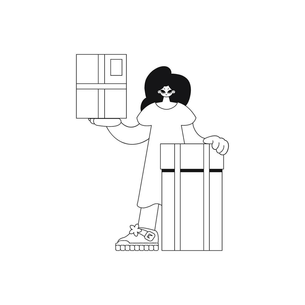 Girl holds box in hands. Linear illustration parcel delivery. vector