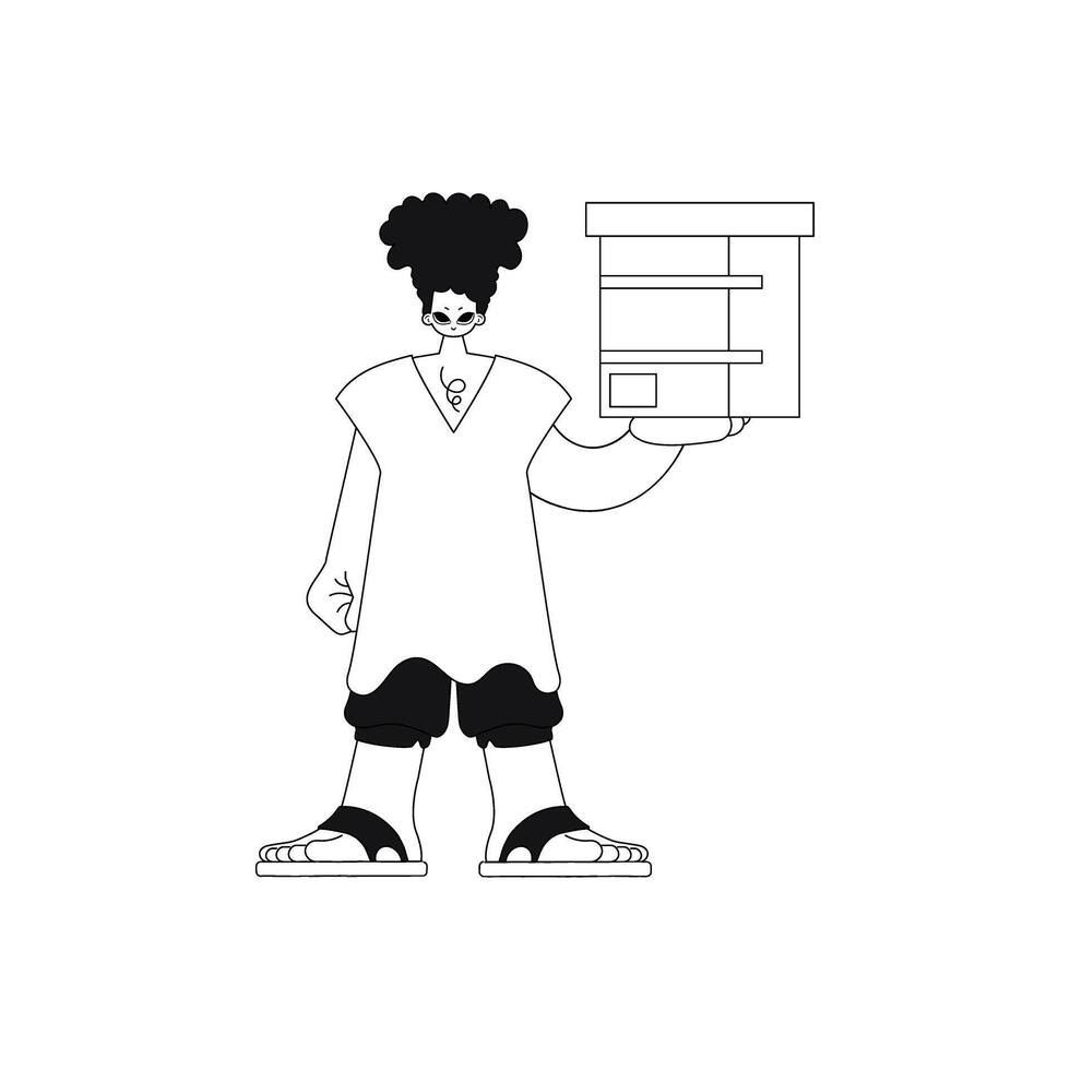 He holds a box, delivering a parcel in a linear illustration. vector