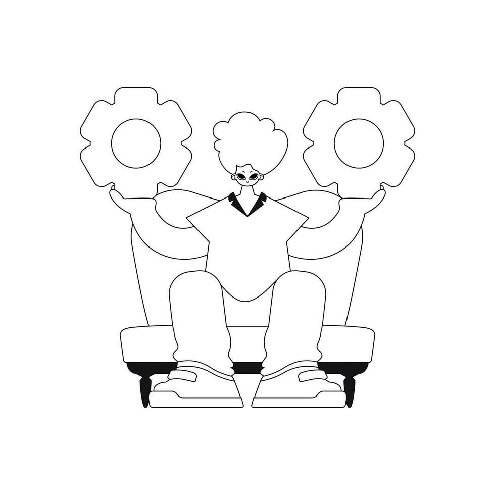 Man holding gears in hands. Illustration in linear and vector form.