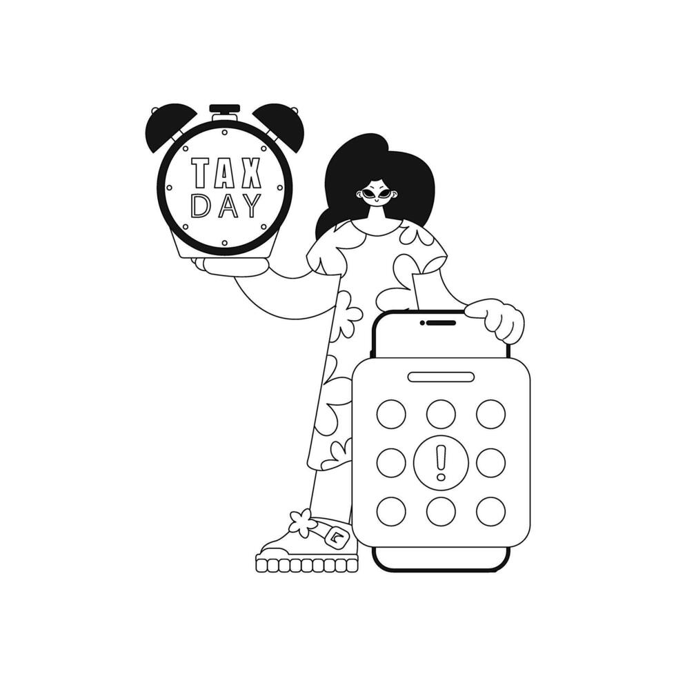 Girl holds calendar and alarm clock deadline tax day. illustration shows linear style. vector
