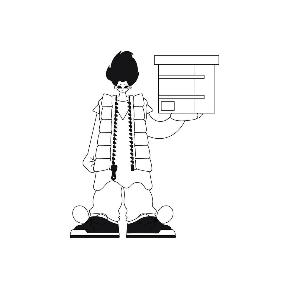 He holds a box, parcel delivery illustrated in linear vector style.