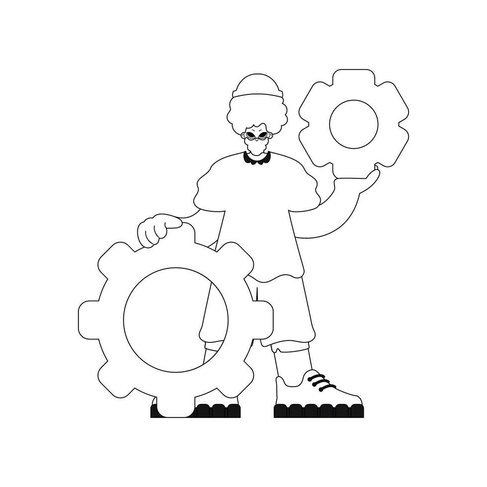 Man grasps gears in hands, linear style illustration. vector