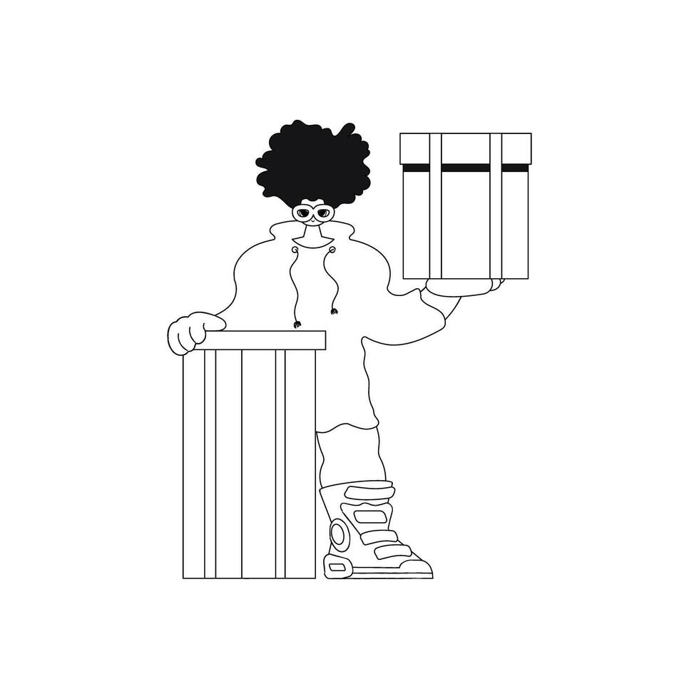 Man grasping a box. Shipping package. Adopting a line motif. Vector artwork.