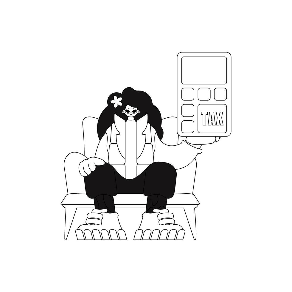 Girl holds calculator in linear style vector illustration.