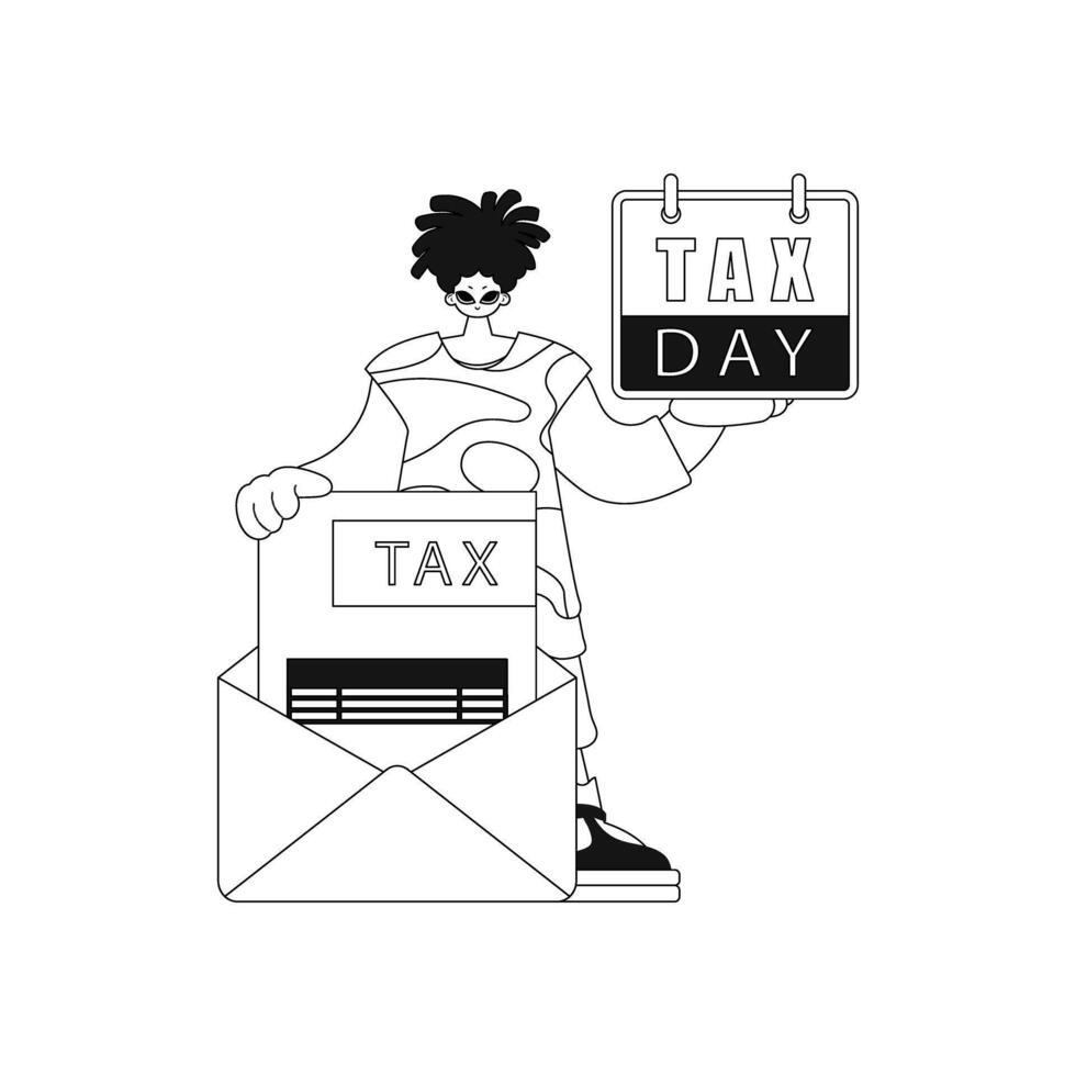 The man holds a calendar and notification of taxes letter in their hands. illustration. vector