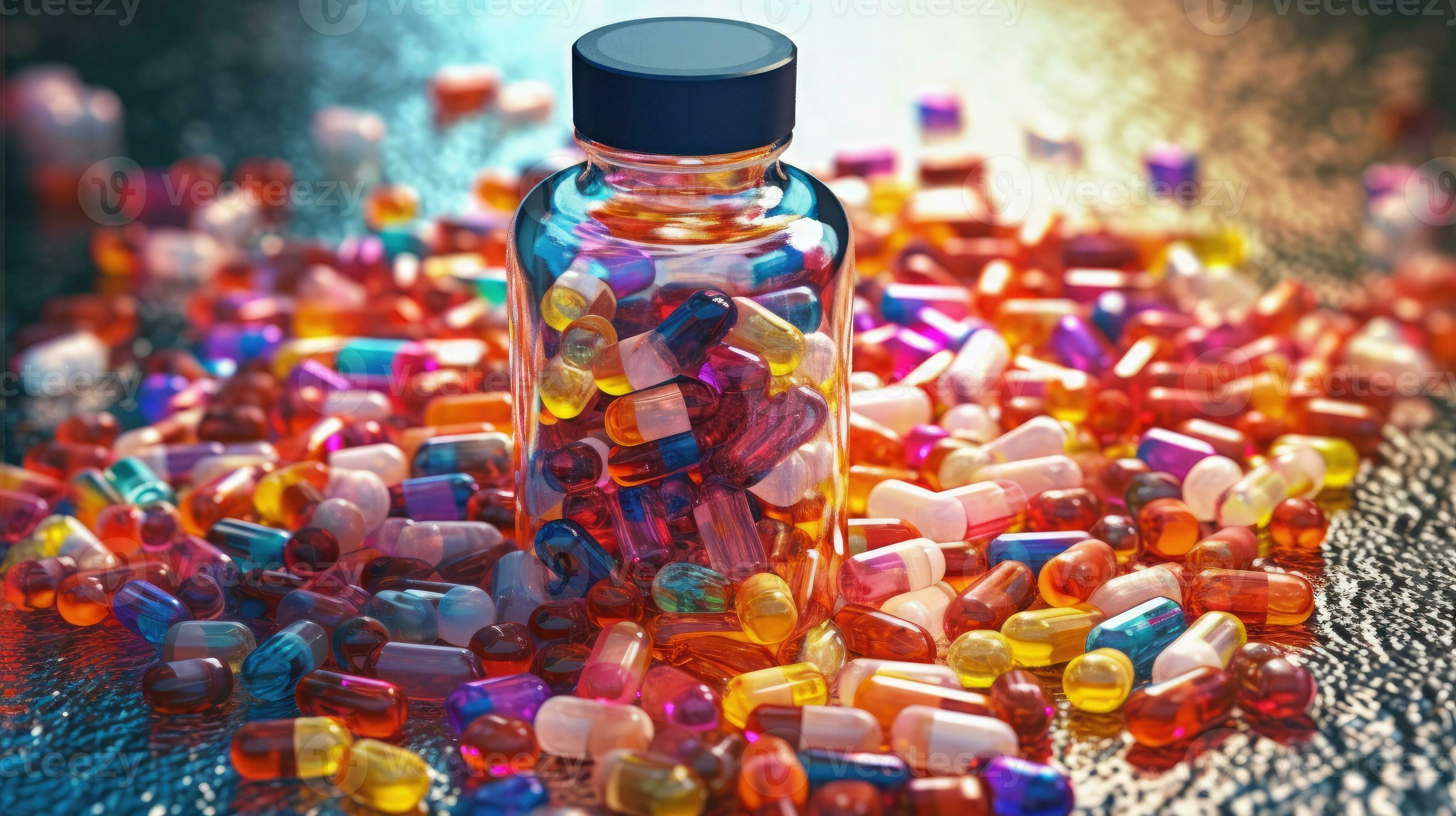 Medicine bottle spilling colorful pills depicting addiction risk, AI  Generated 28662874 Stock Photo at Vecteezy