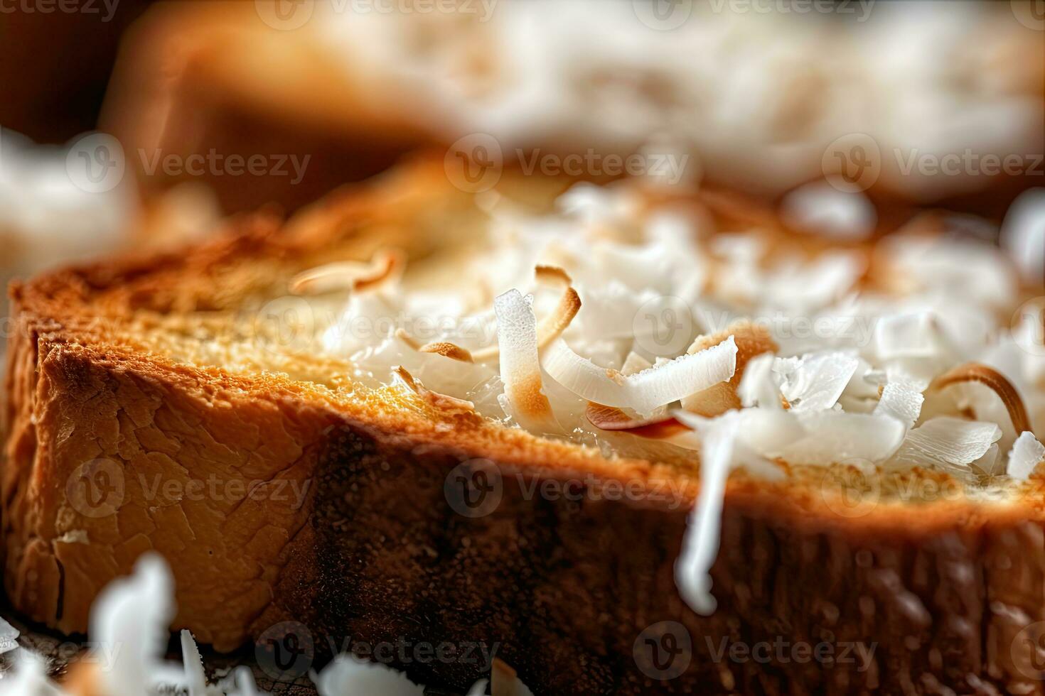 Coco tostada, macro Disparo de un Fresco desayuno con goteo Miel, ai generado foto