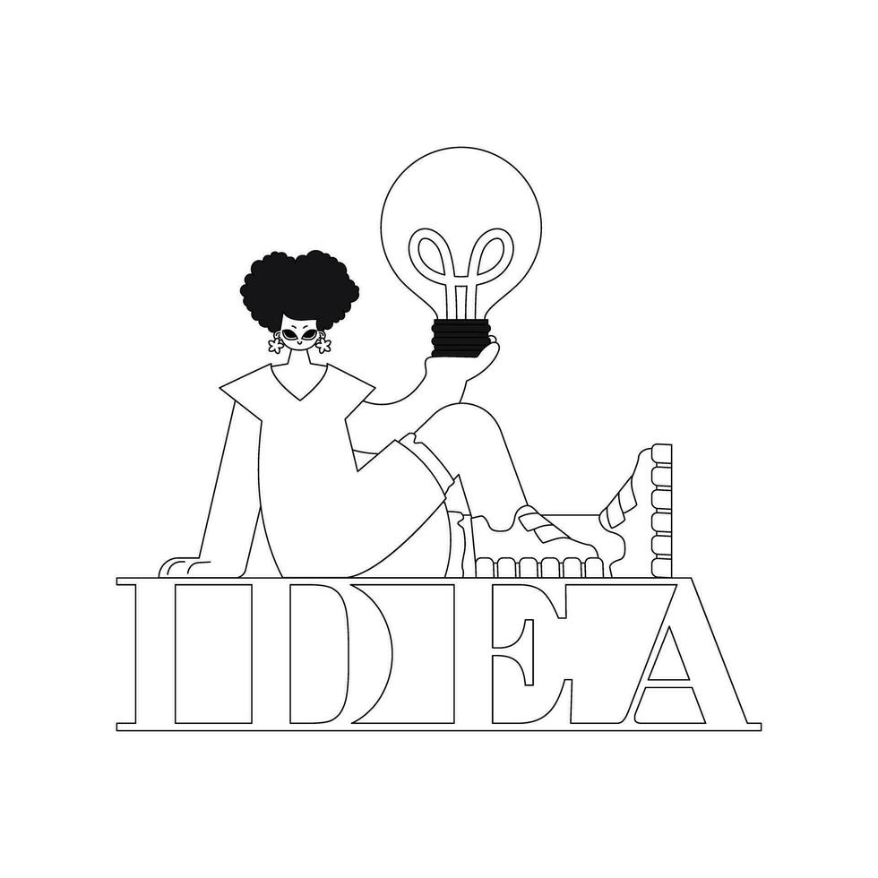 Girl holds lightbulb idea, linear style. Vectored illustration. vector