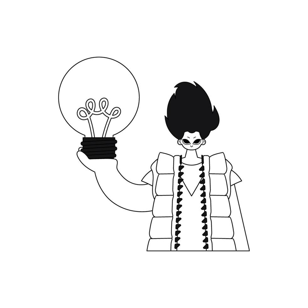 He grasps a glowing bulb a symbol of creative thought. Drawn in a straightforward style, this illustrates an idea. vector