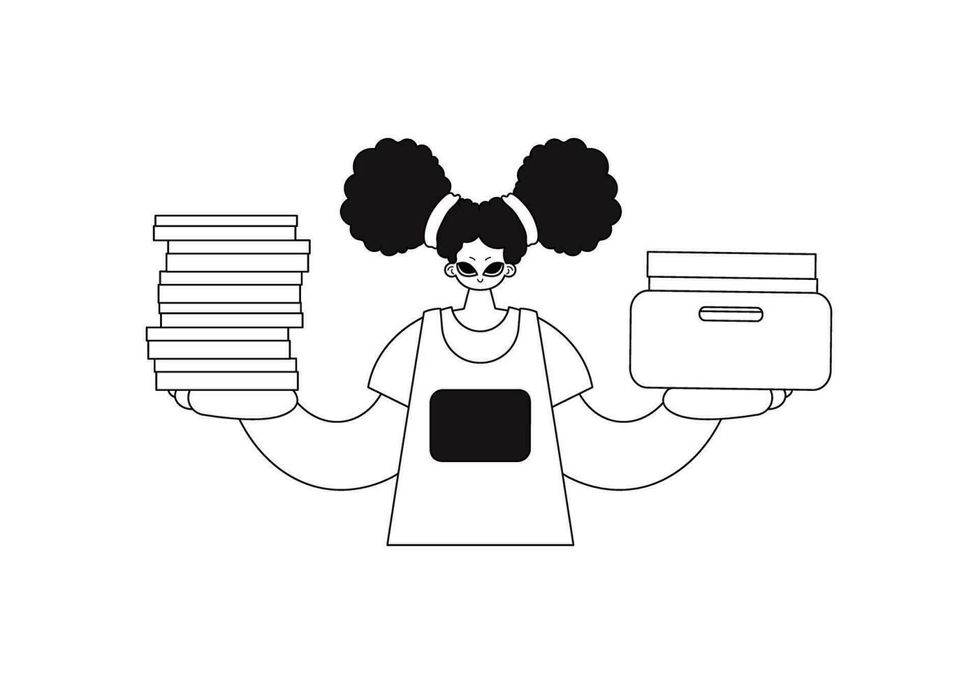 Girl clutching stacks of papers. Clean lines. Vector artwork.