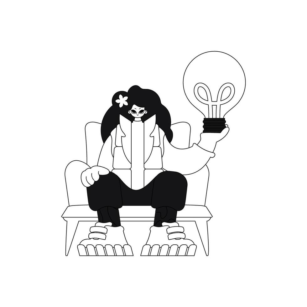 Girl holds light bulb in hands, concept of ideas shown in a linear vector illustration.