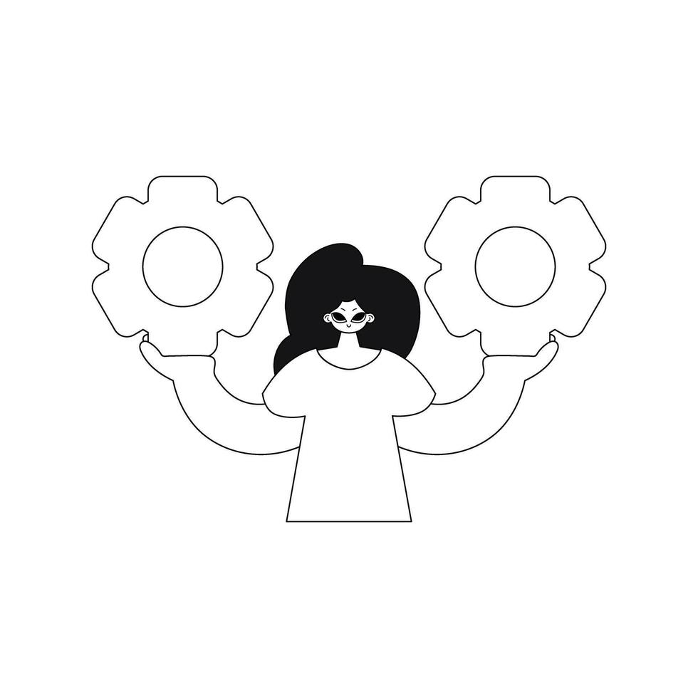 Girl holds gears in hands, linear style vector illustration.