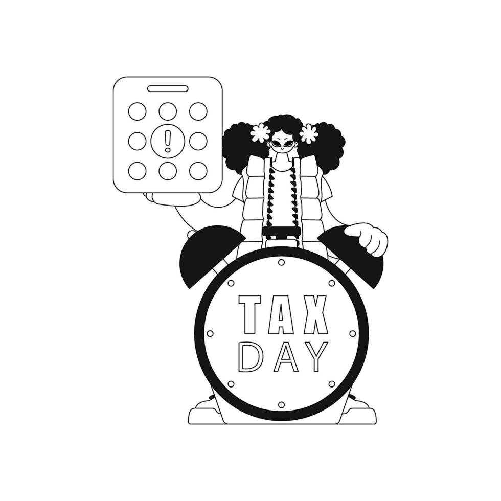 Girl calendar and alarm clock. Tax day is near. Linear style vector image.